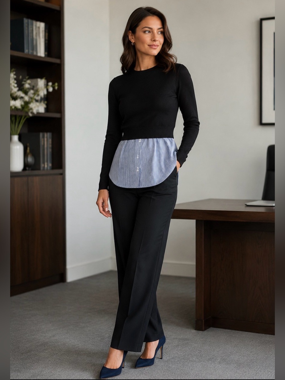 NWT VERONICA BEARD Rocha 1pc Combo Sweater Pinstripe Shirt Blk/Blue XS MSRP $412